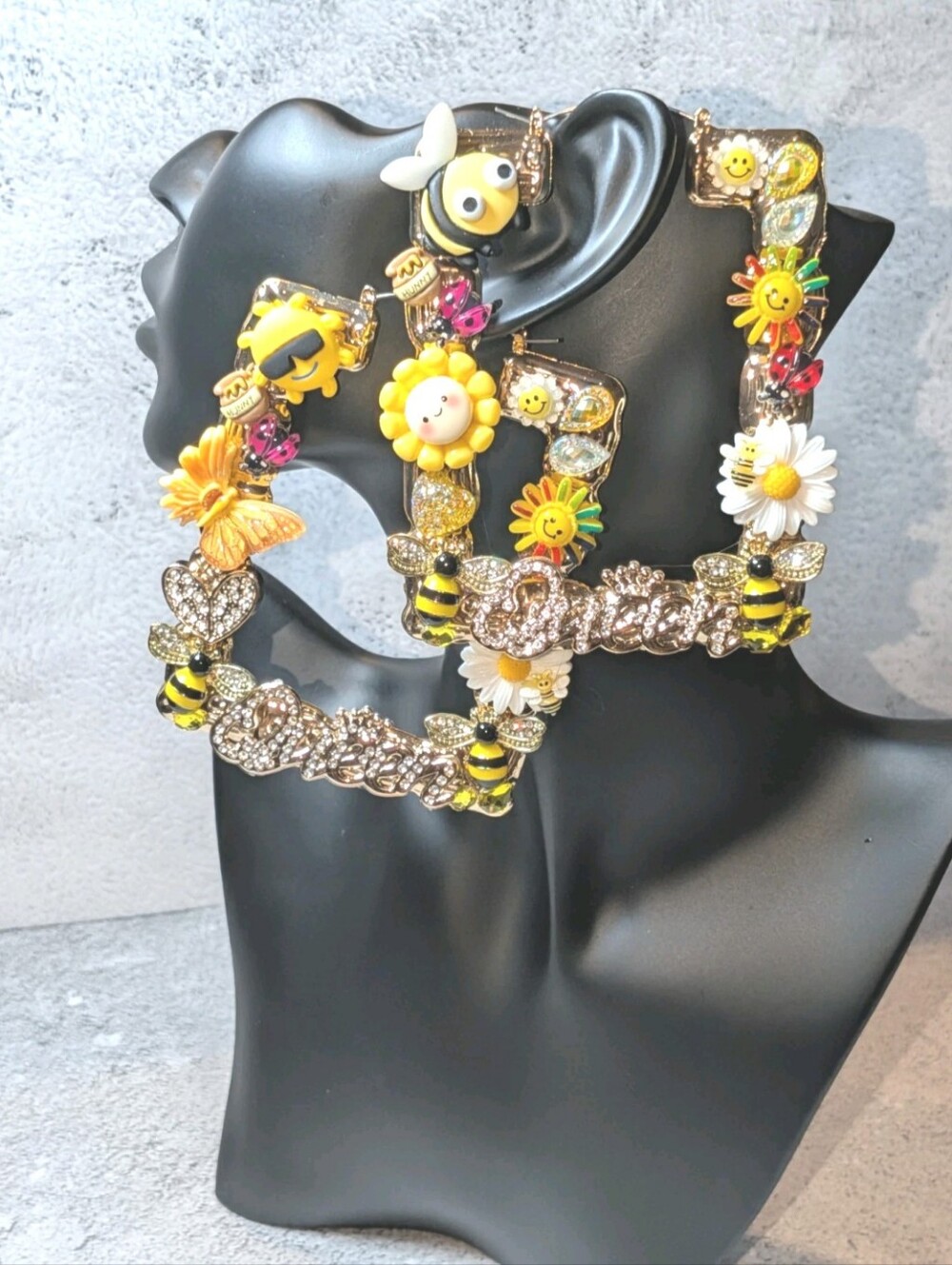 Hand Crafted Women Yellow Bee & Daisy Charm Xl Hoop Earrings with Smiley Accents